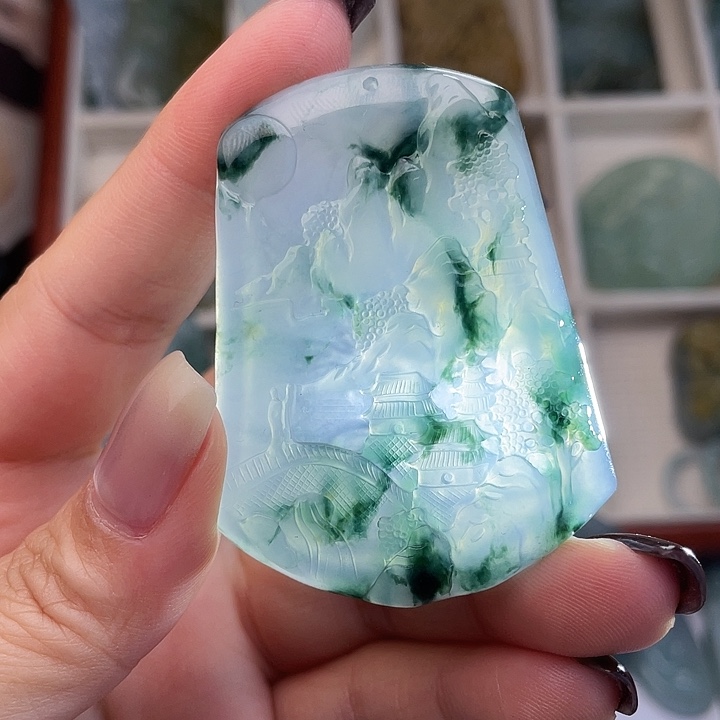 壹***圈定制翡翠未镶嵌翡翠冰胶老料山水