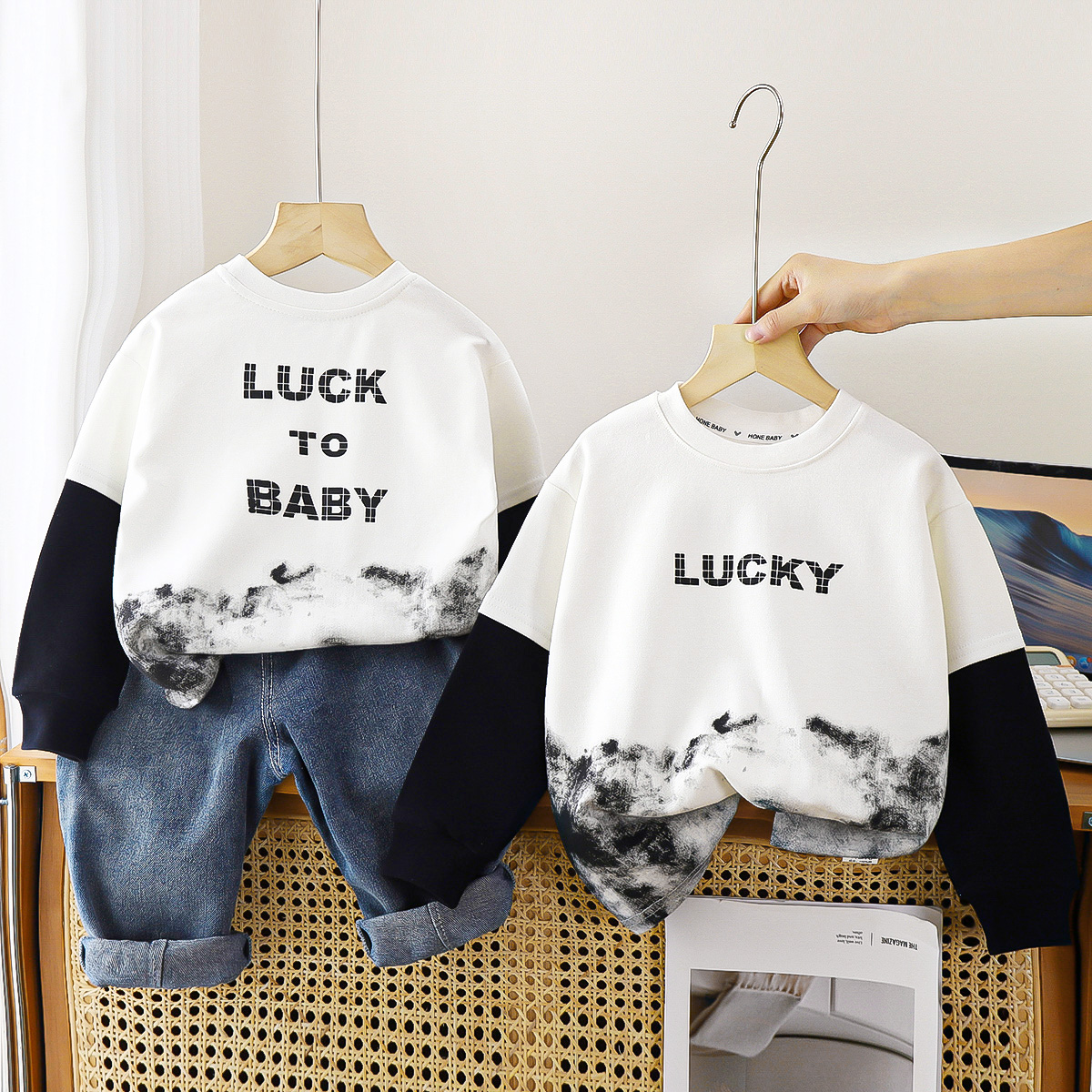 儿童纯棉秋衣水墨风男女童长袖宝宝春秋款卫衣长T恤单上衣打底衫