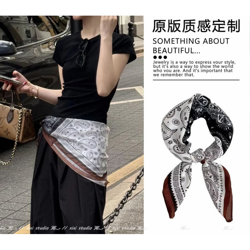 【黑咖四拼腰果】70*70时尚百搭洋气方巾围巾丽锦缎M646