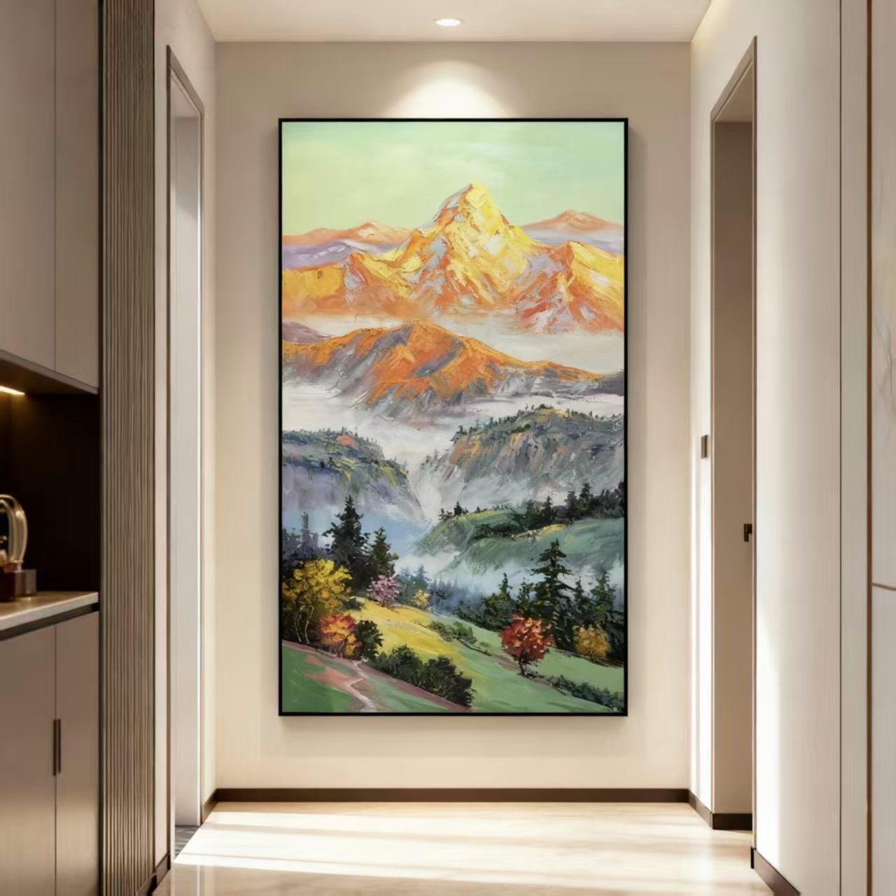 《日照金山》现代轻奢立体竖款写实风景玄关画沙发背景餐厅卧室油画