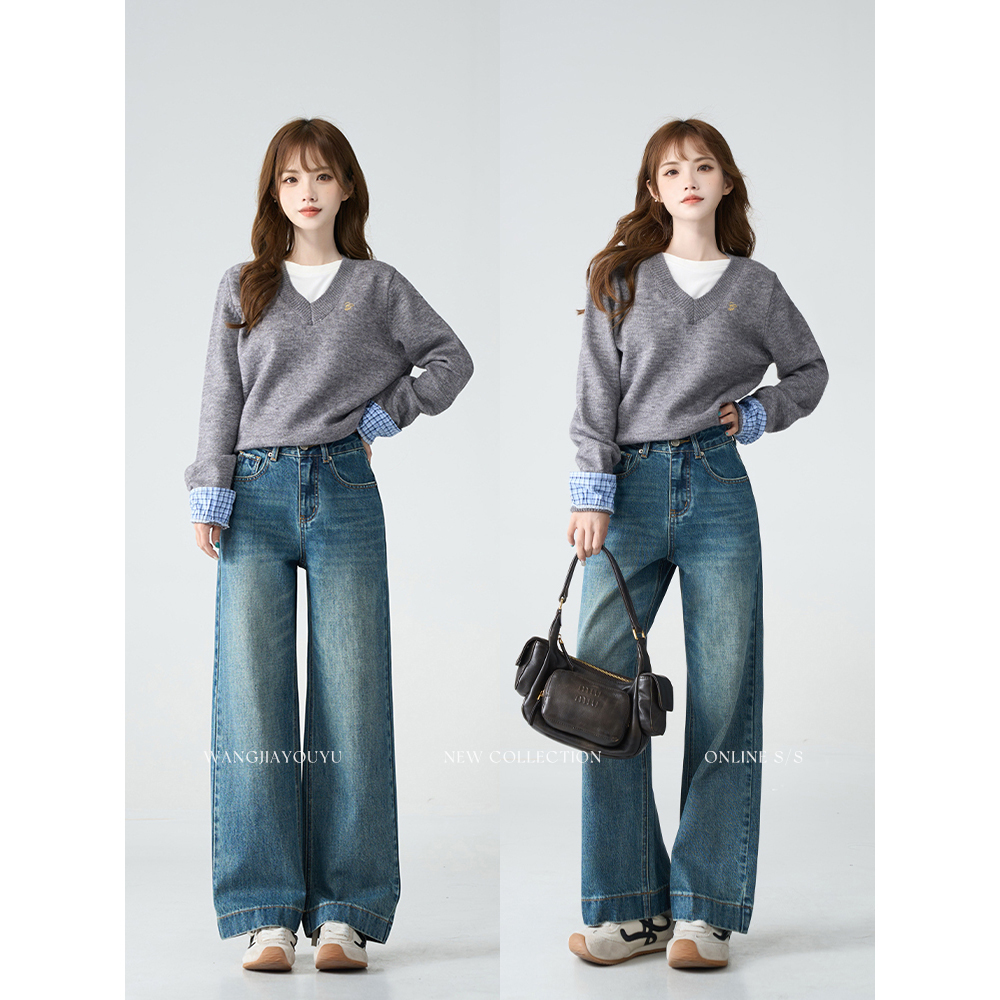 王家有鱼【小个子定制】秋季新款2025爆款直筒阔腿裤百搭牛仔裤女