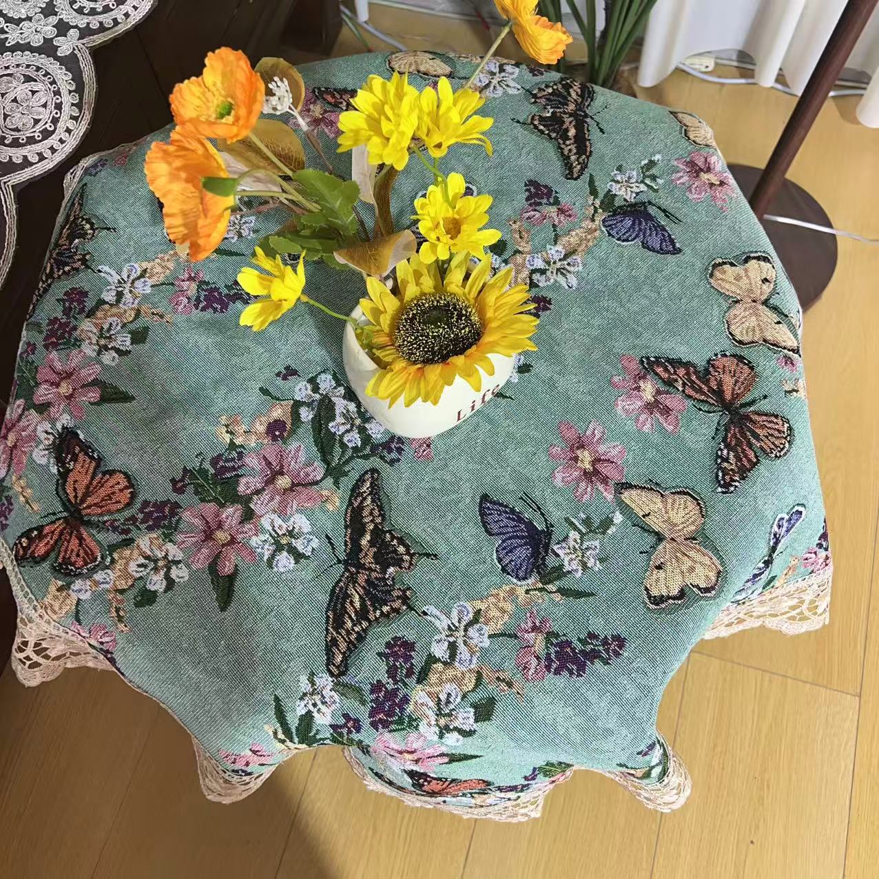 ZN111-4棉麻【85*85】绿蝴蝶水溶花边棉麻交织布桌布茶几布多功能盖