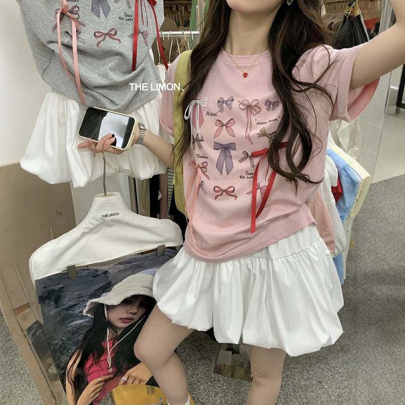 THE LIMON柠檬绿茶韩系结少女感精致宽松学院风圆领短袖T恤女
