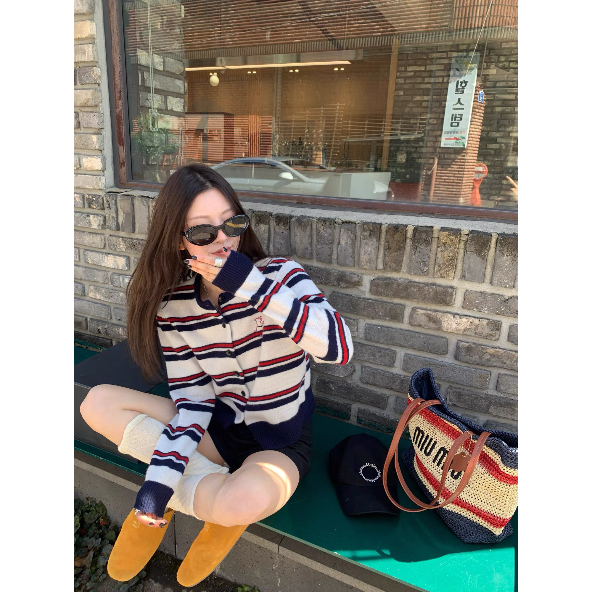 小狗刺绣秋季长袖条纹针织衫圆领miu系开衫女设计感百搭短款上衣