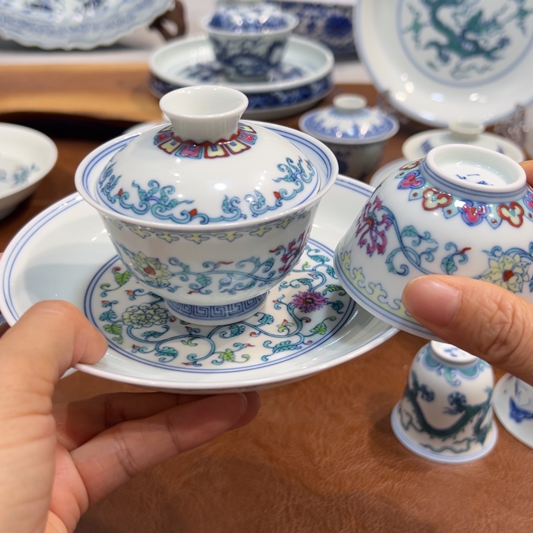 半***楼杯子斗彩缠枝盖碗➕壶承➕杯子