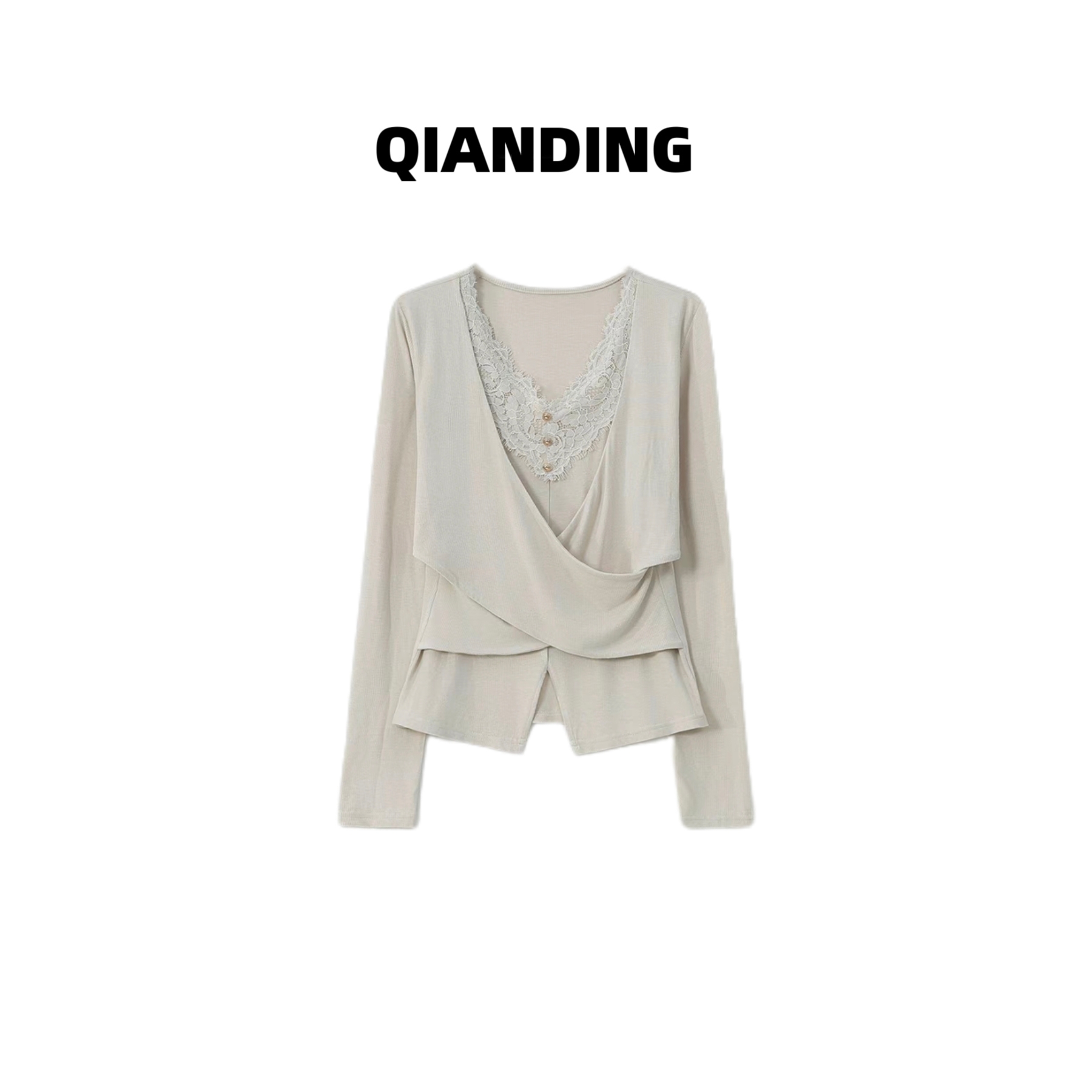 【QIANDING】【蕾丝蚂蚁腰（假两件）】糯叽叽弹力显瘦蕾丝领上衣F555