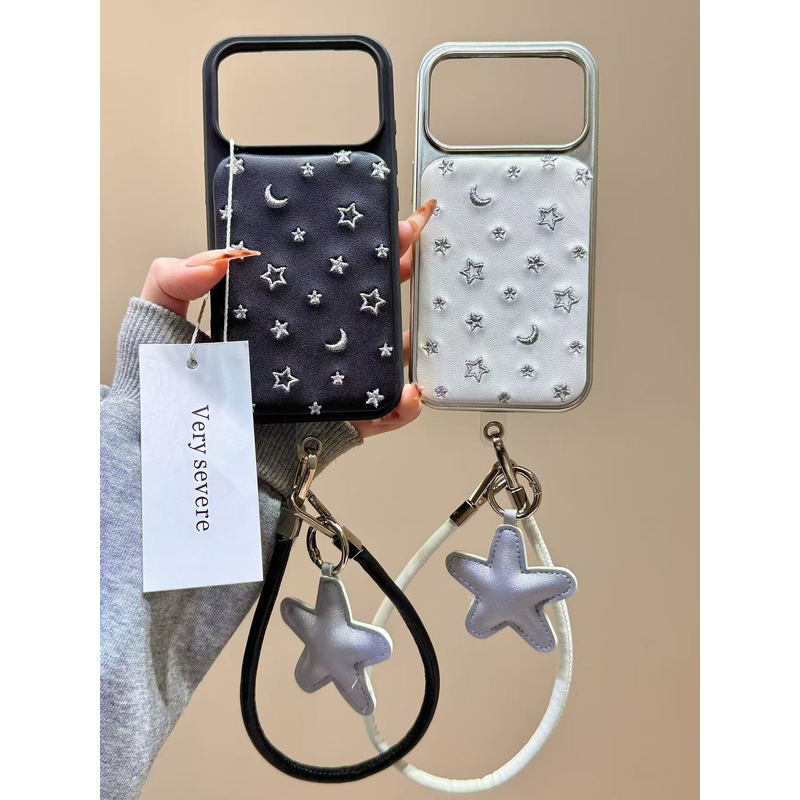 高级感皮质刺绣星星月亮手拎绳适用苹果17promax手机壳15iphone16