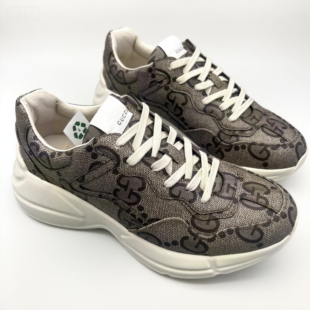 未使用 GUCCI/古驰 经典乌木色满印老花皮质老爹鞋6.5欧GS1007