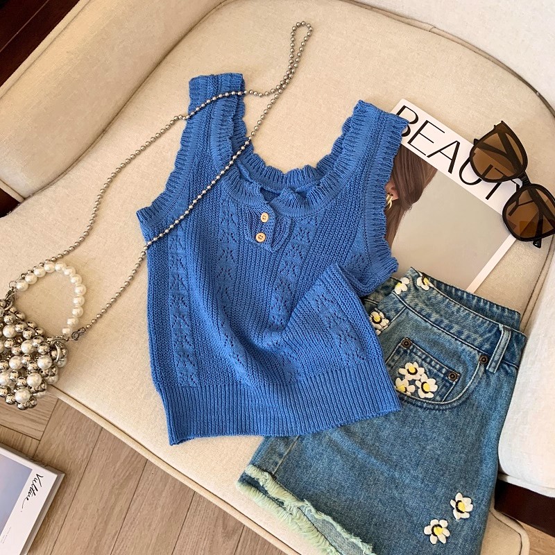 克莱因蓝冰丝针织吊带女2025夏季款独特半开领背心外穿无袖小上衣