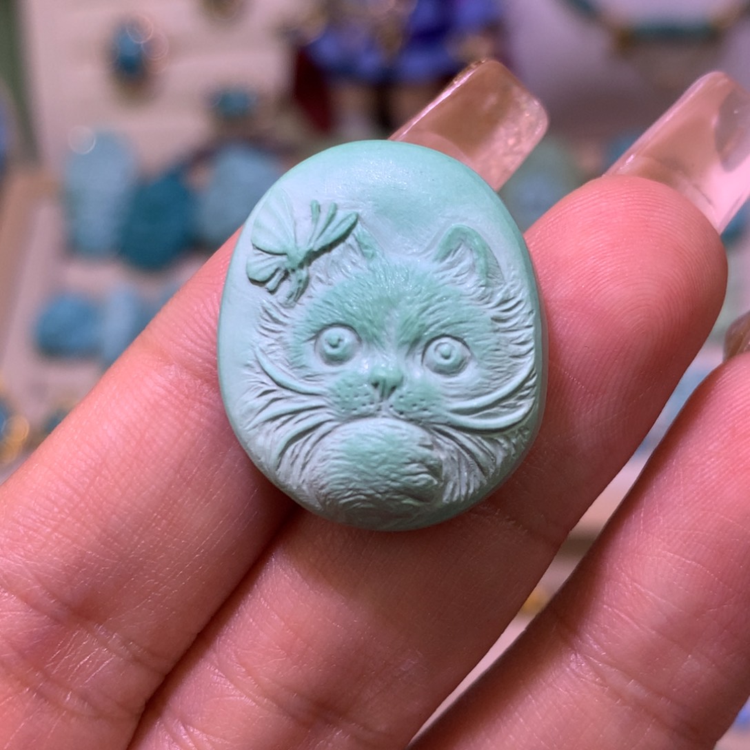 绿松石珠宝奇石未镶嵌猫咪牌
