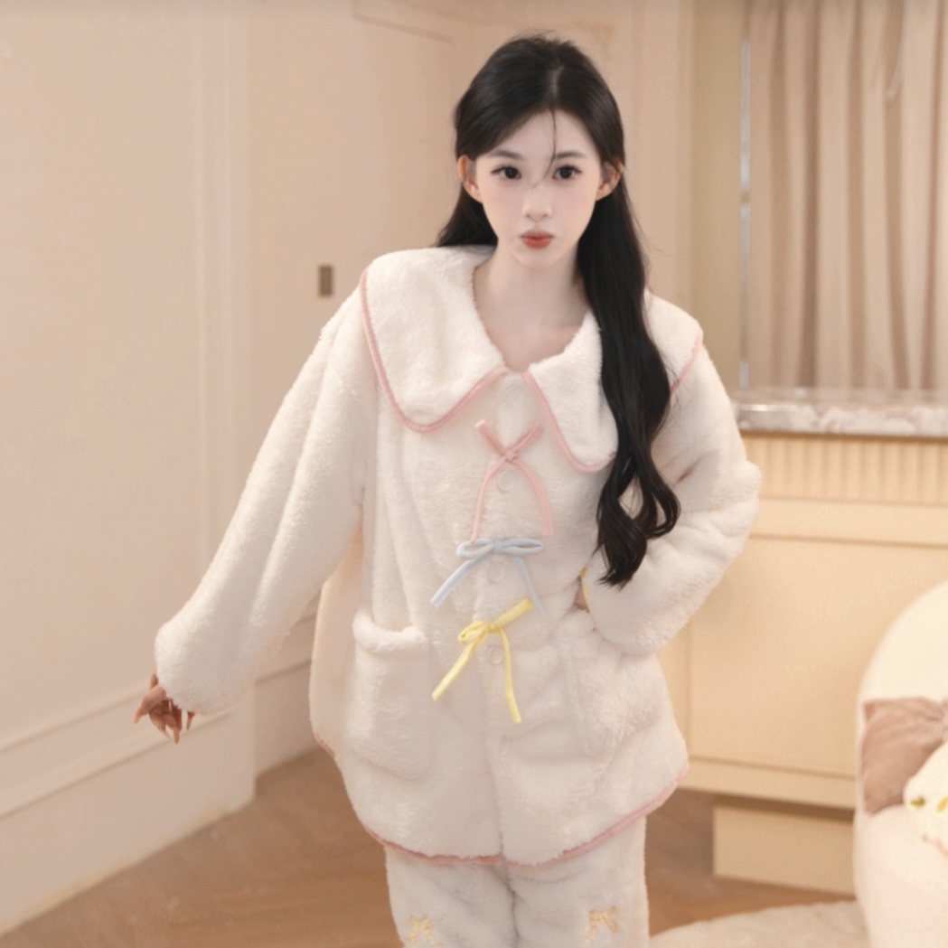 1豆【清梦少女】长袖长裤纯欲高腰显瘦秋冬季女套装法式睡衣