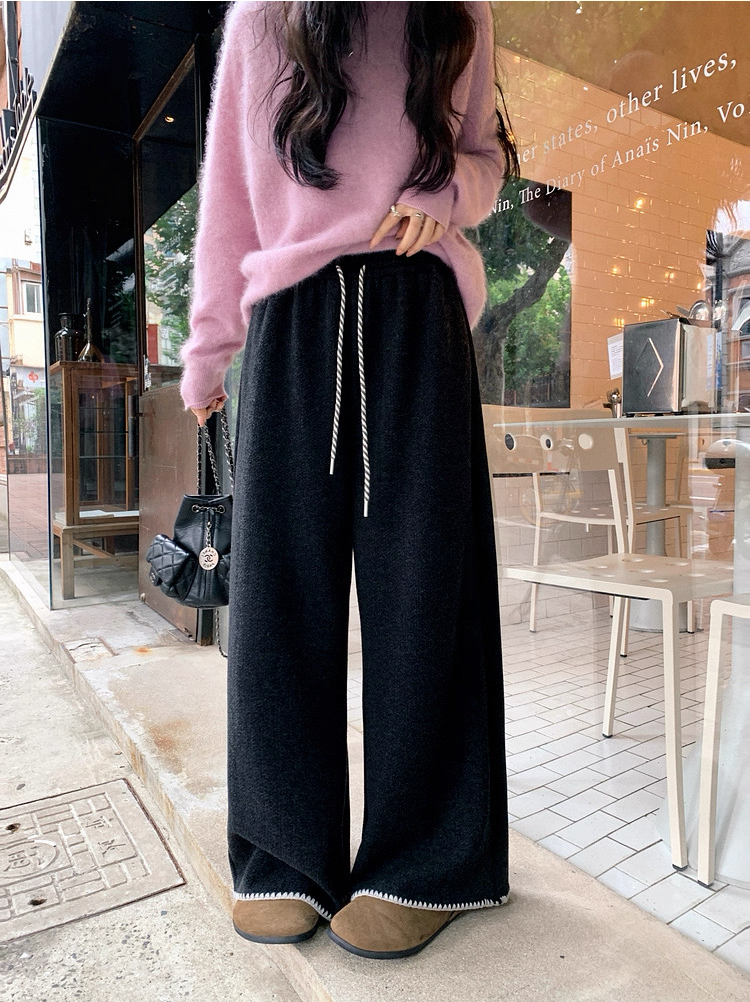 【菲菲】冬季加绒复古民族风贝壳撞色绣抽绳直筒针织阔腿裤女9522W