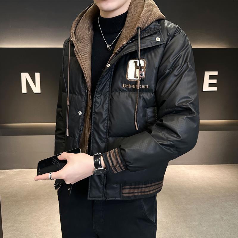 男士高档羽绒服潮牌外套连帽假两件冬季新款潮牌修身短款加厚冬装