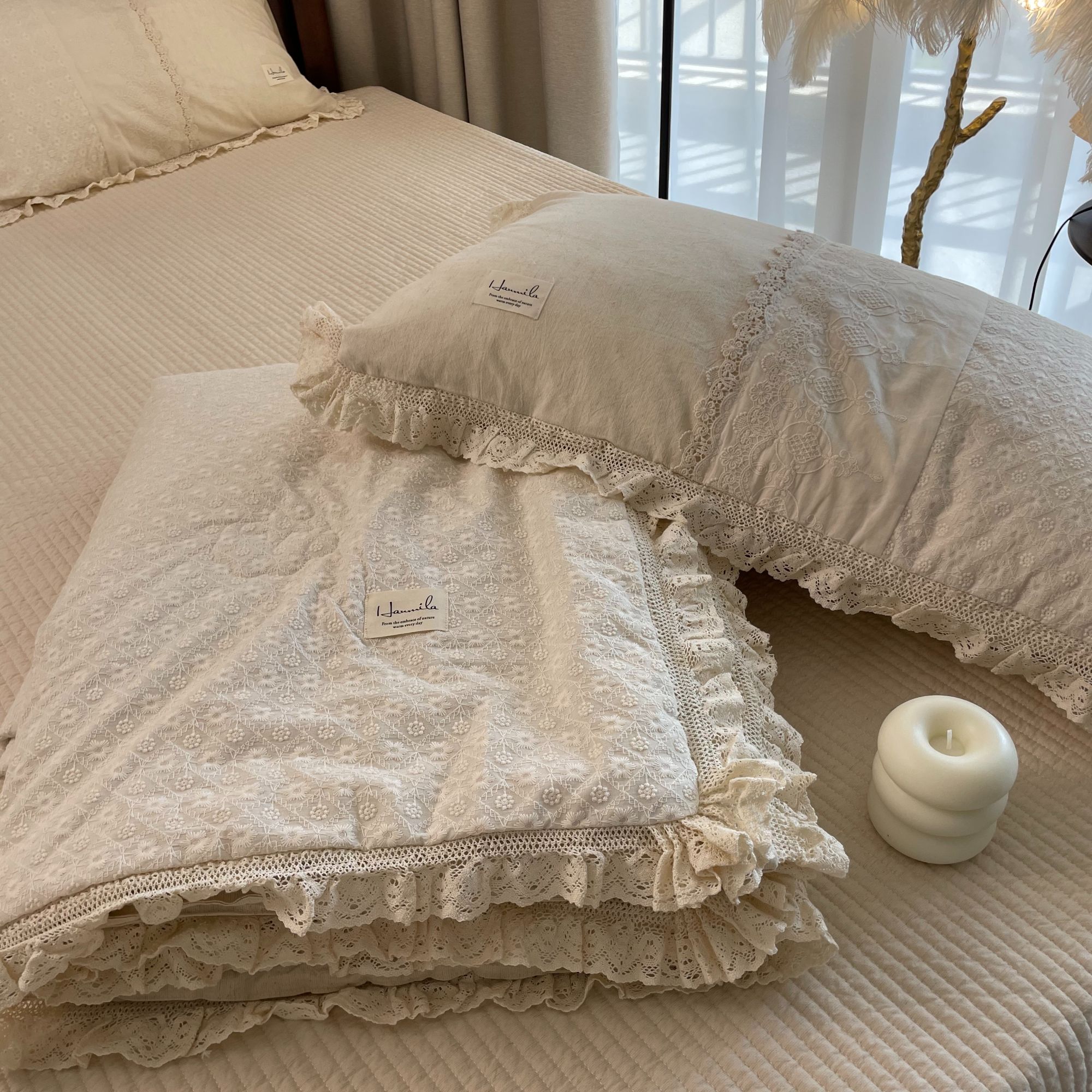 漫漫 【艾意】法式棉麻夏被床盖套件刺绣花边夏凉被