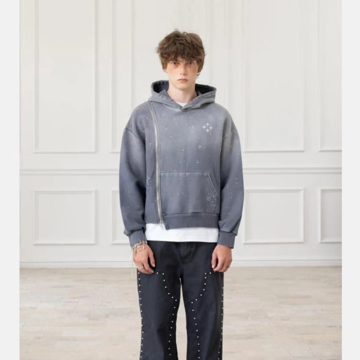 2-7（洁洁同款四芒星】买手店潮牌男款镶钻水洗连帽拉链卫衣 4M150