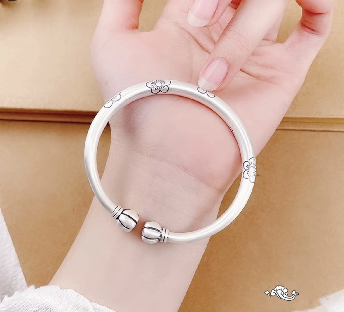 足银手镯 【七七】南瓜头梅花复古手镯民族风实心时尚百搭手工