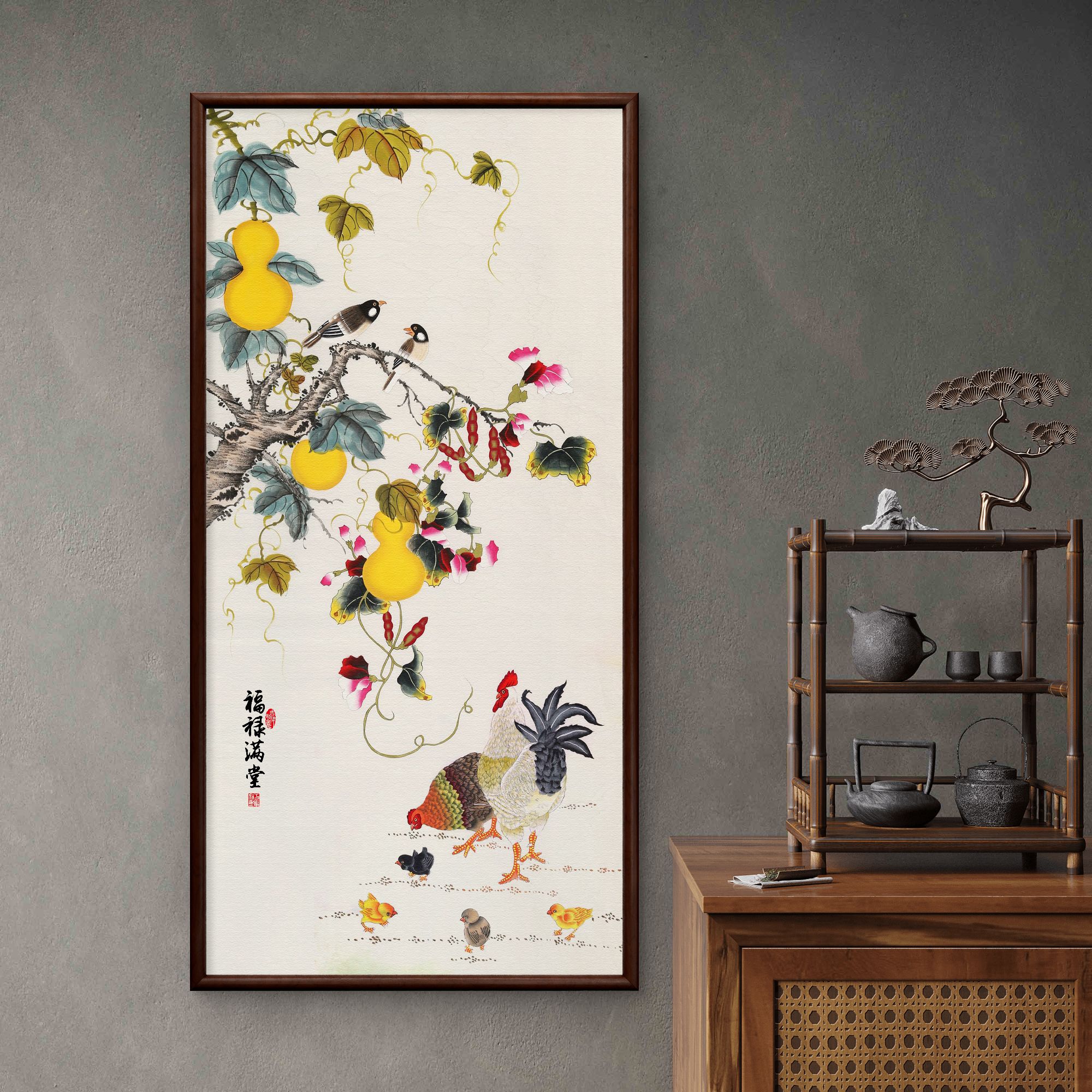 9191-55*110福禄满堂装饰挂画中式画玄关画