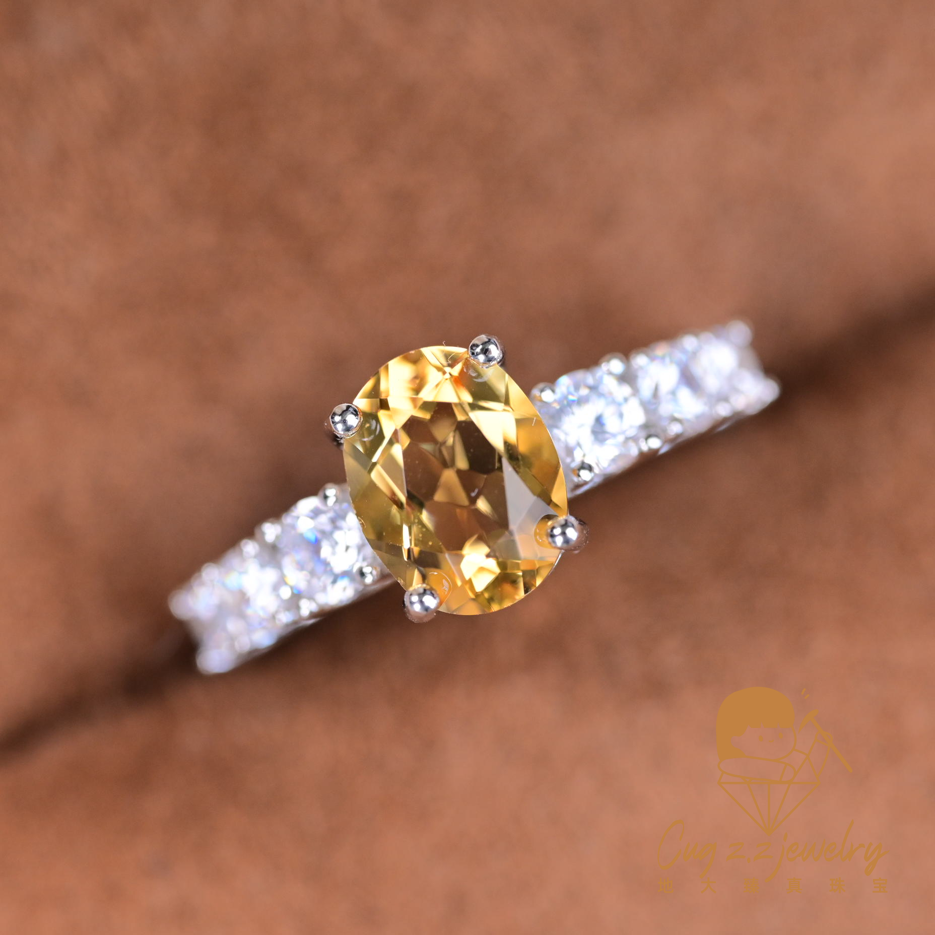 天然黄水晶戒指爆闪蛋面春夏新款925银