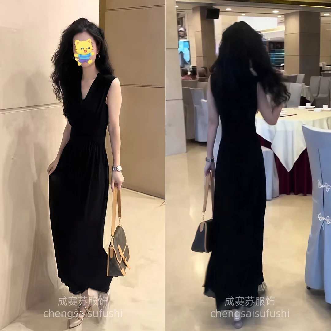 夏季新款黑色长款V领修身显瘦气质长裙连衣裙FJ83102