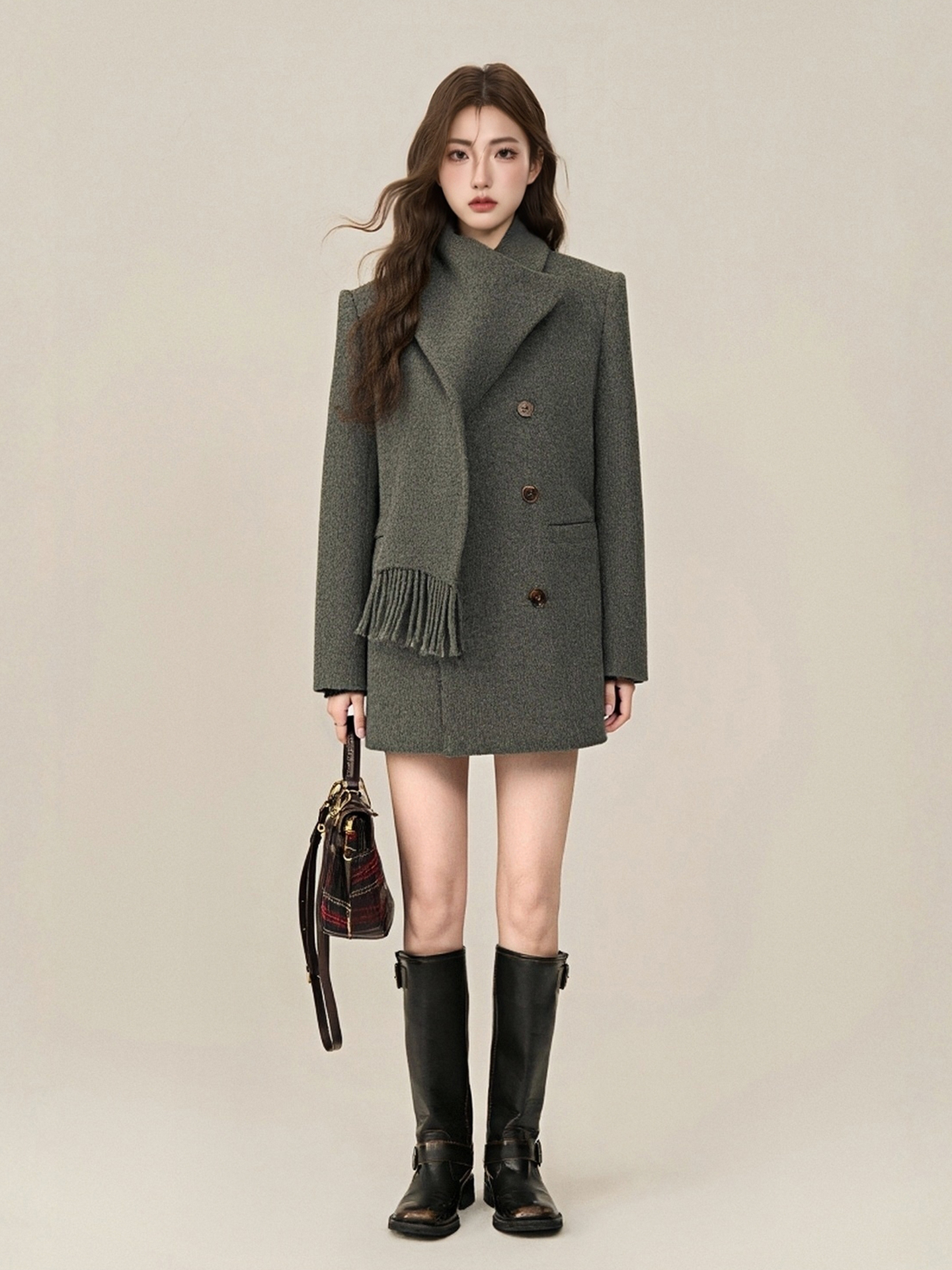 围巾领常规女装秋冬呢大衣西装毛呢外套毛呢中长款女