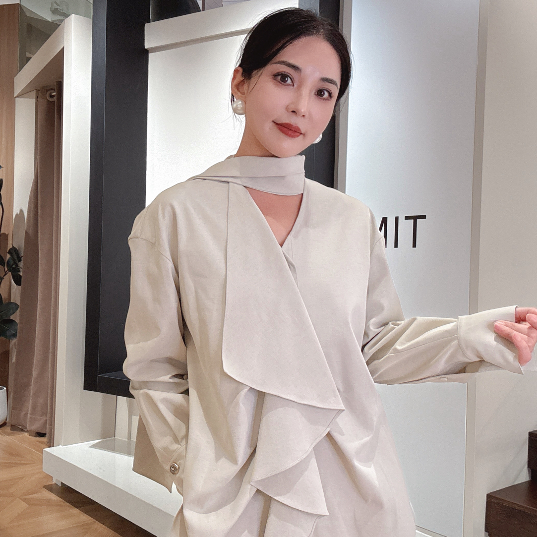 SHANG1品牌不对称荷叶领飘带气质衬衫女早秋轻职场通勤穿搭
