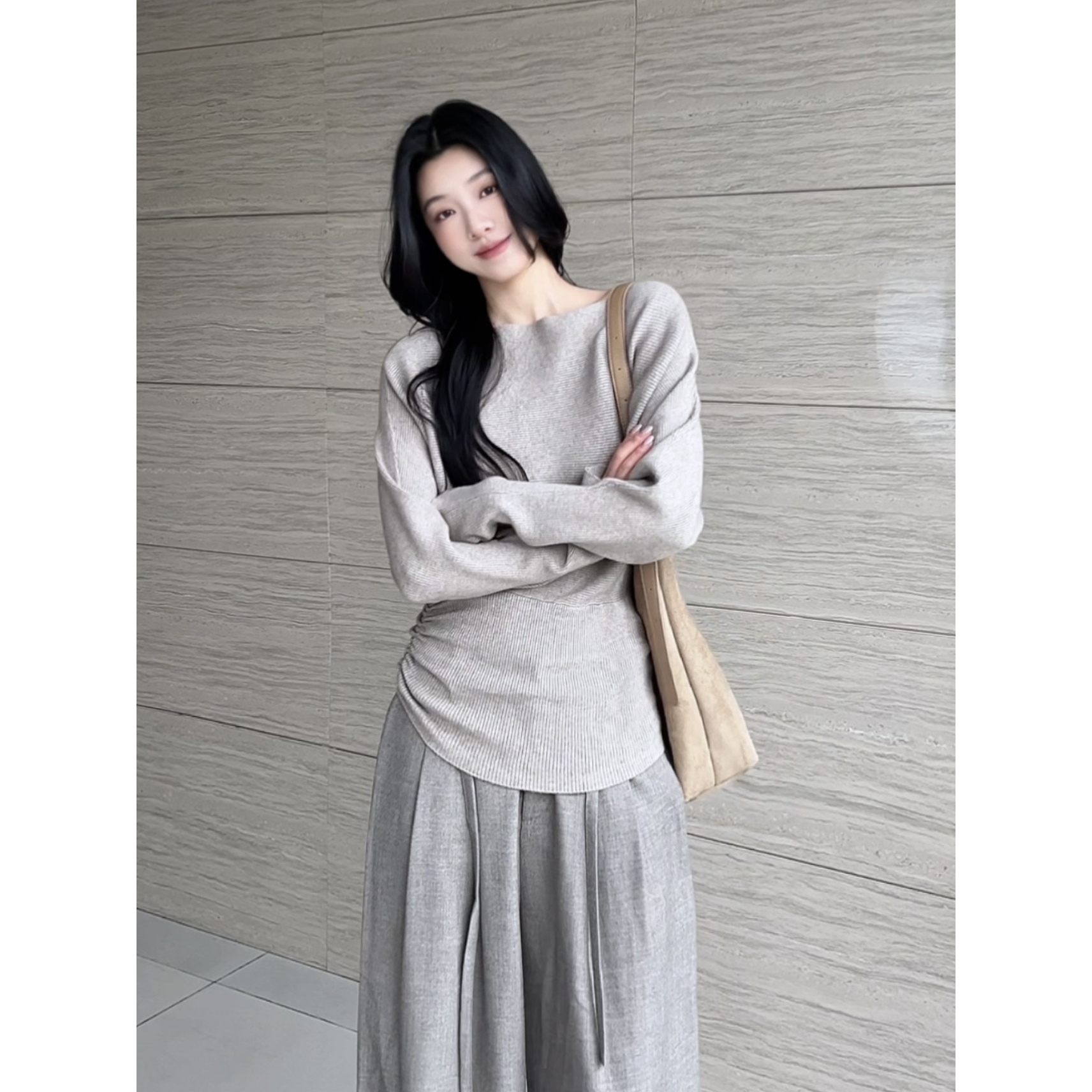 LLei大蕾【显瘦时髦精】舒弹抗起球针织衫女上衣简约磨毛呢阔腿裤