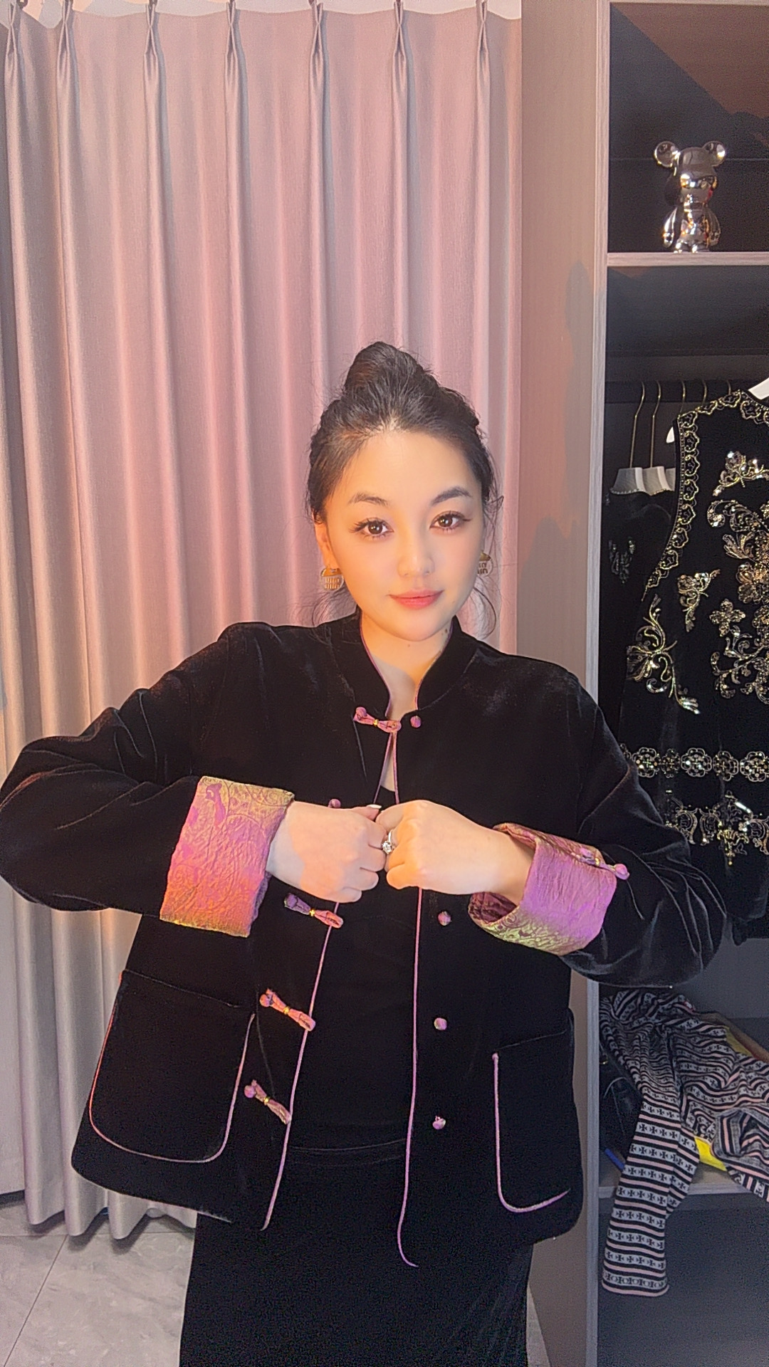早秋新款拼接直襟提花常规款长袖立领上衣女装网红复古夹克