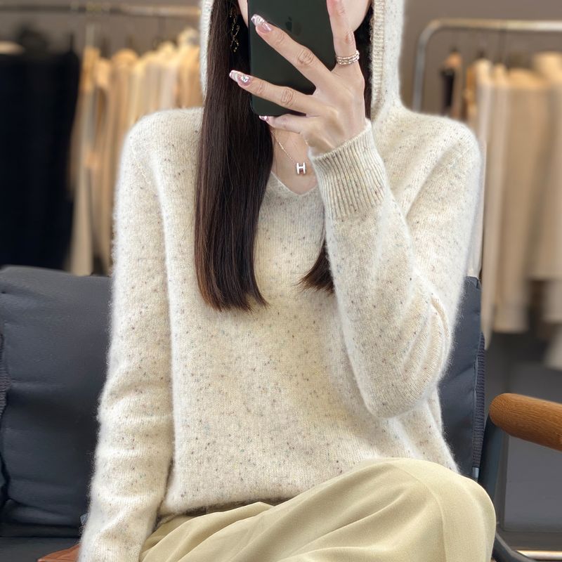 纯羊毛连帽帽衫一线成衣点子纱显瘦套头毛衣宽松外穿针织打底衫