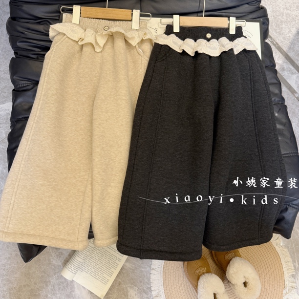 女童加绒阔腿糯米裤25年冬季儿童宝宝蕾丝拼接一体绒巨软直筒长裤