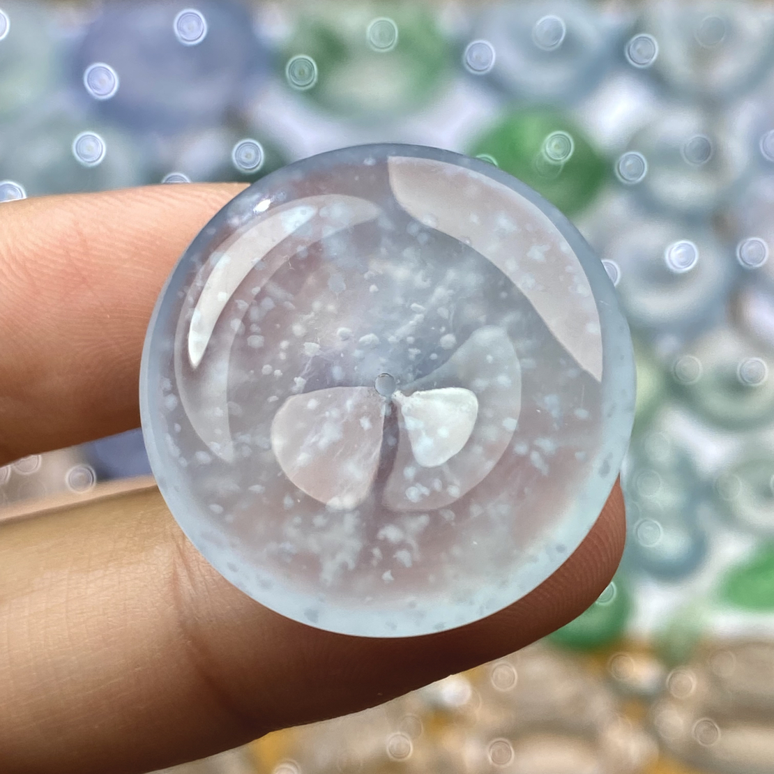 天然缅甸a货翡翠平安扣正冰雪花棉蓝紫底扣子 尺寸：25.8-5.3