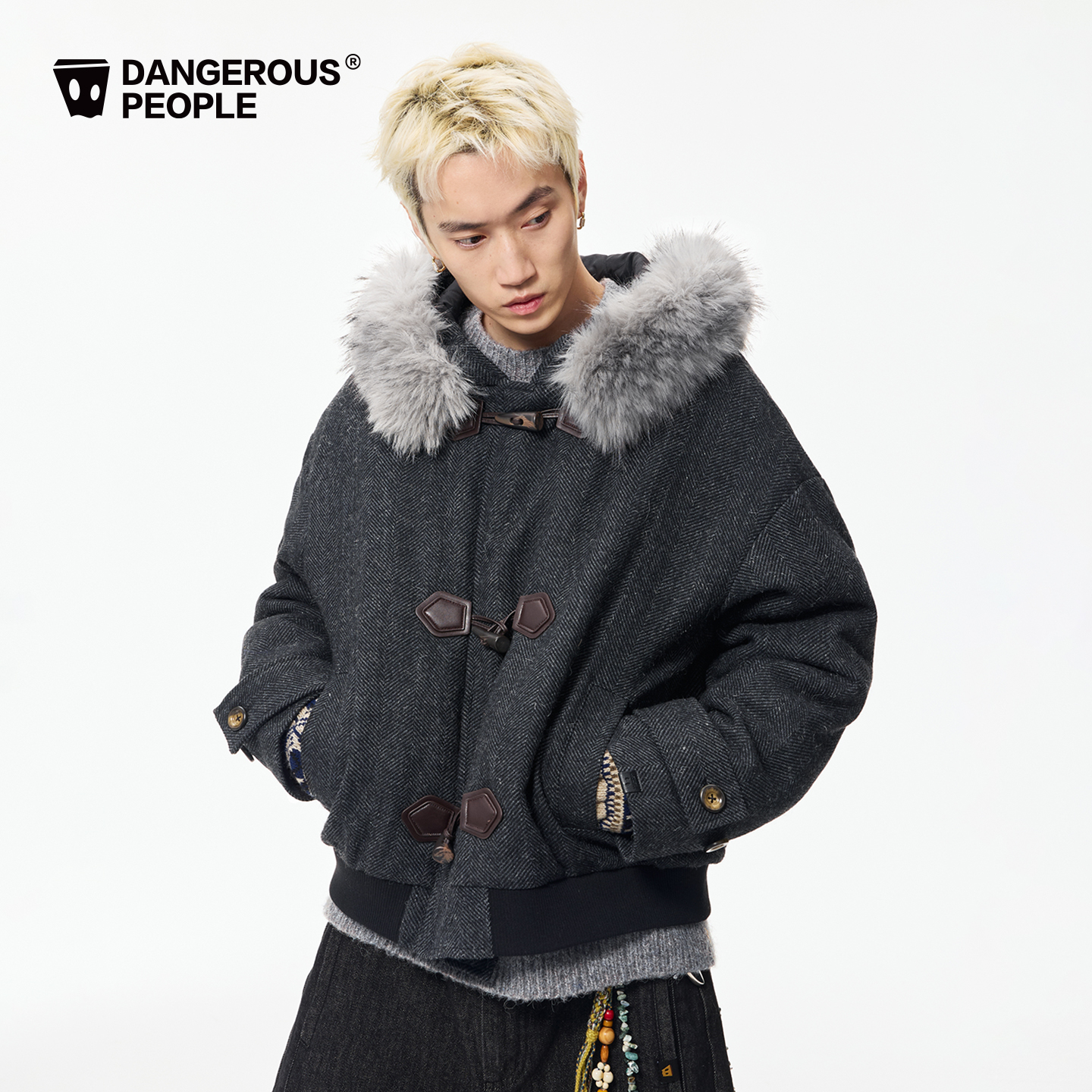Dangerouspeople薛之谦dsp复古可拆卸毛领牛角扣毛呢夹棉厚外套