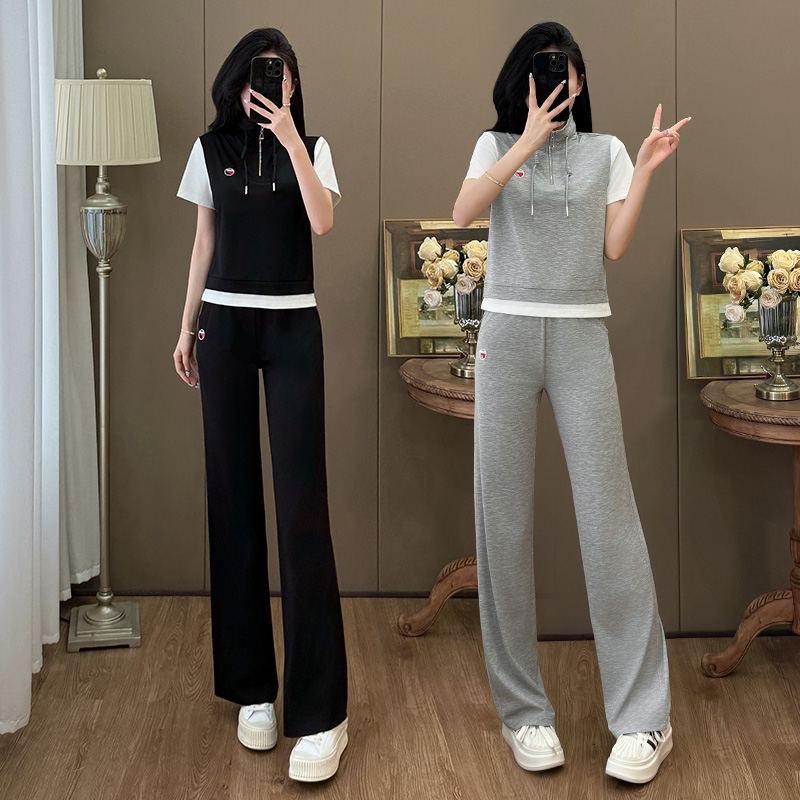 假两件立领运动服套装女士夏季2025年新款显瘦女装减龄短袖两件套