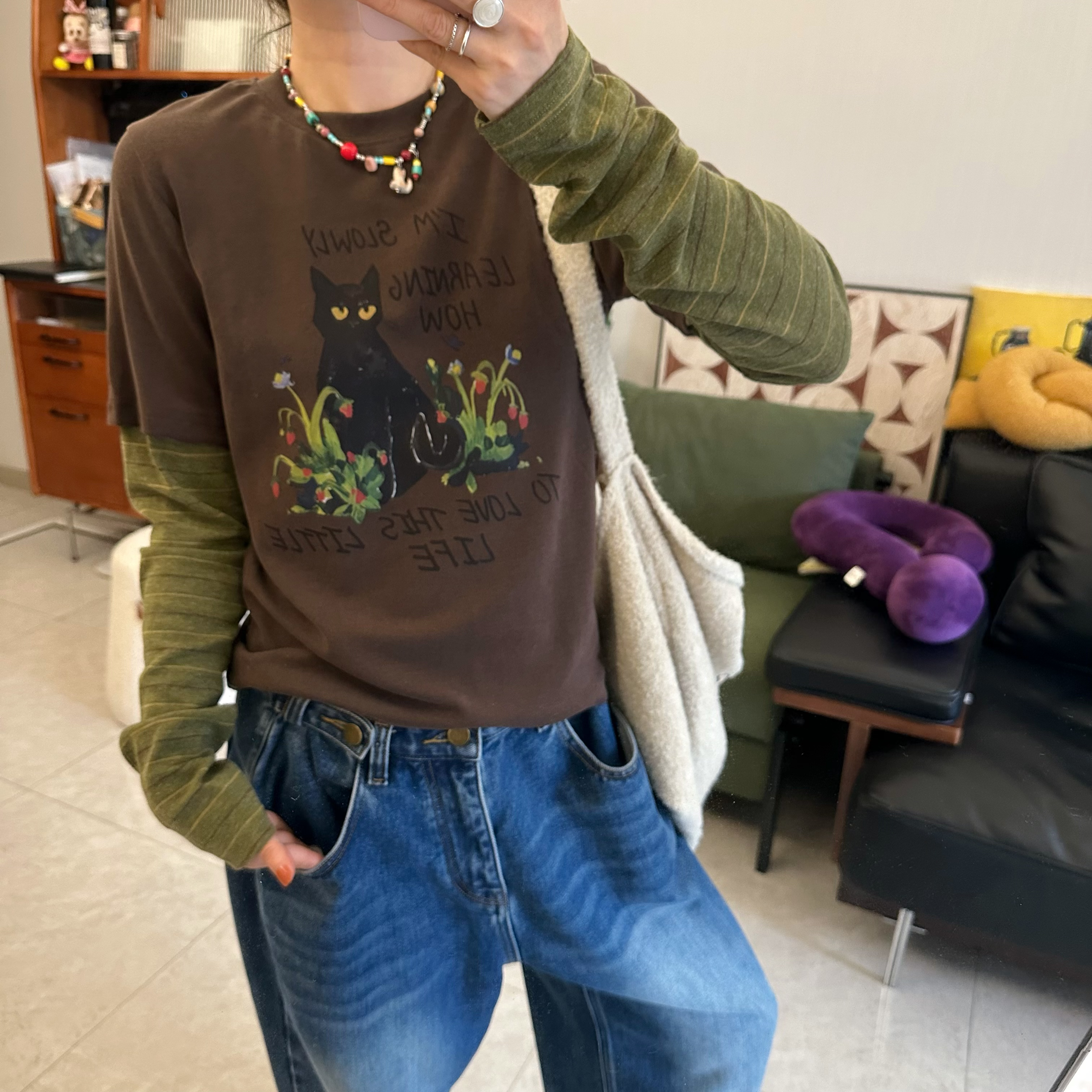 qiqi/琦琦推荐假两件T恤秋冬圆领拼色印花休闲撞色修身显瘦长袖T