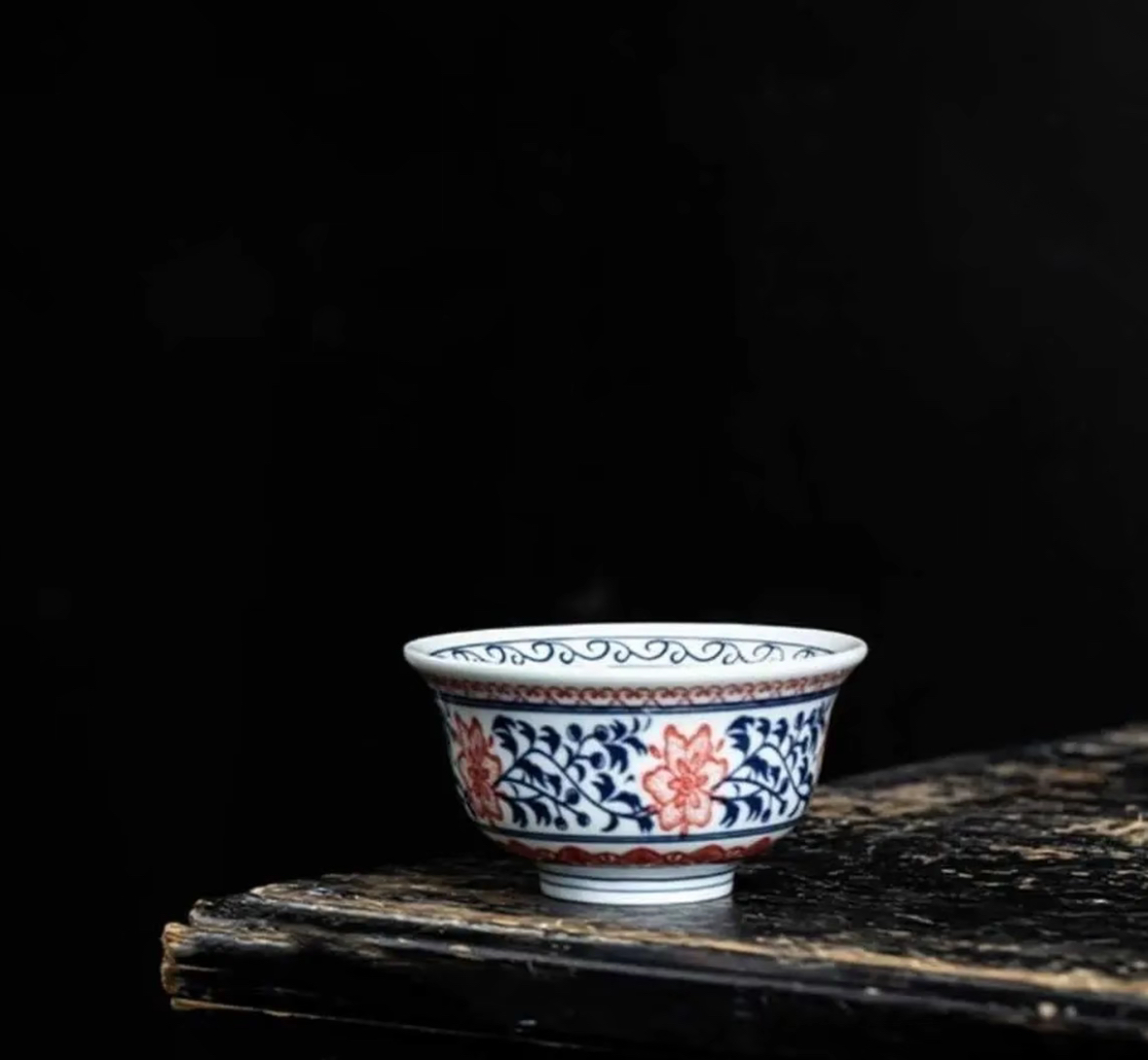青花釉里红压手杯主人杯釉下彩缠枝莲家用陶瓷普洱杯瓷海ZH230