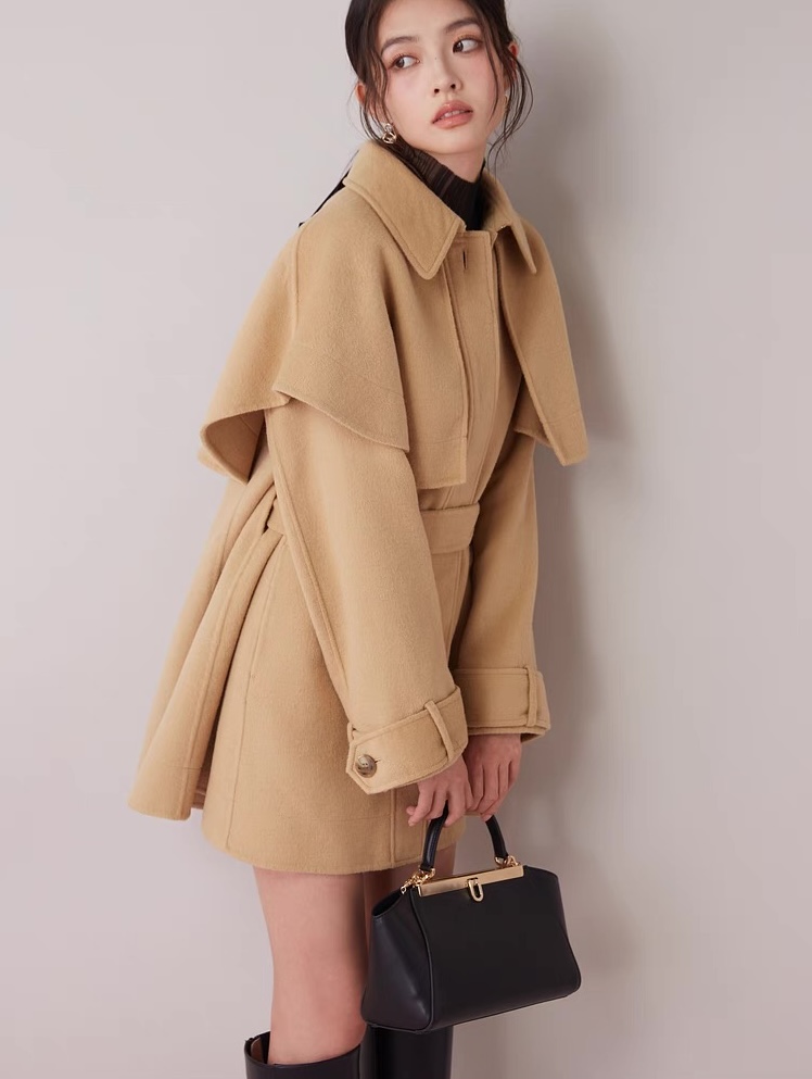 【FaFa】日系 S 古早日系50%羊毛蝴蝶结腰带斗篷大衣871546687909