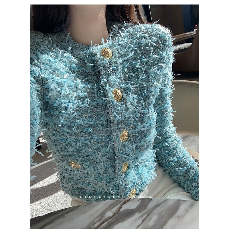 【是你大大钱】千金风重磅小香BL秋冬粗花名媛显瘦湖水蓝轻奢外套