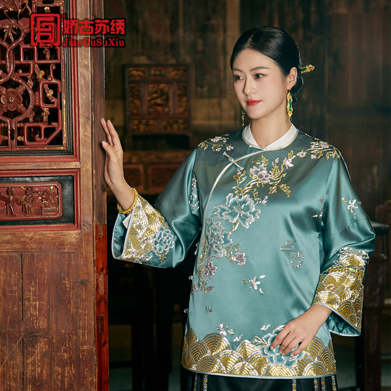娇古苏绣新中式斜襟氅衣国风端庄女士上衣[花想容]