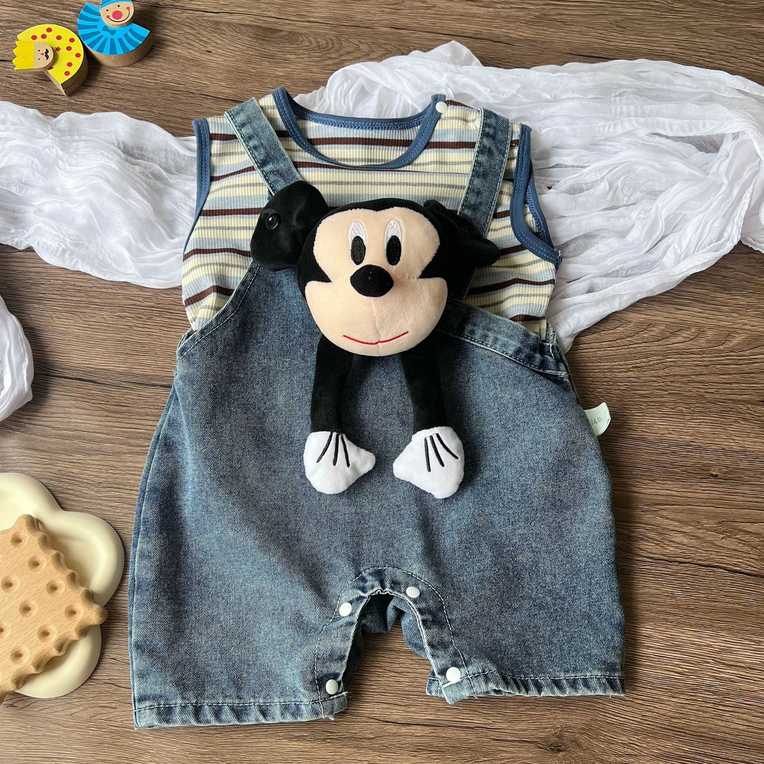 夏季婴儿无袖条纹T恤卡通米奇背带套装