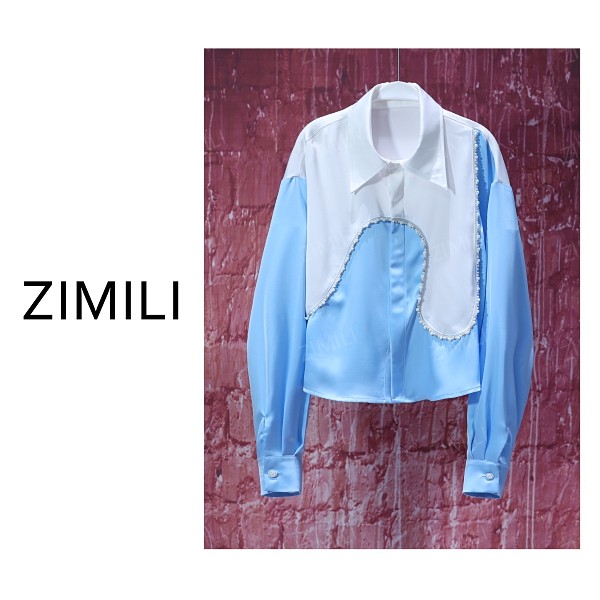 【亮哥女装】2025夏轻薄透气月光白拼接天蓝色时尚休闲衬衫9619