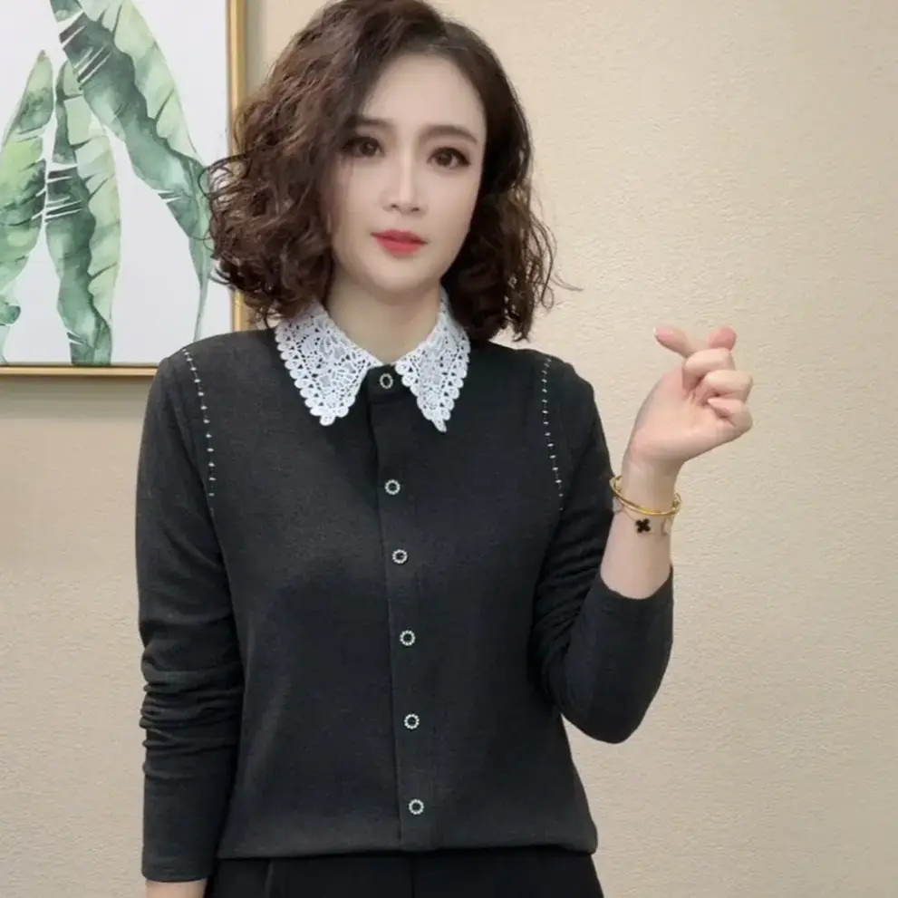 2025秋冬新款洋气时尚百搭气质蕾丝翻领拼接保暖打底上衣小衫#871