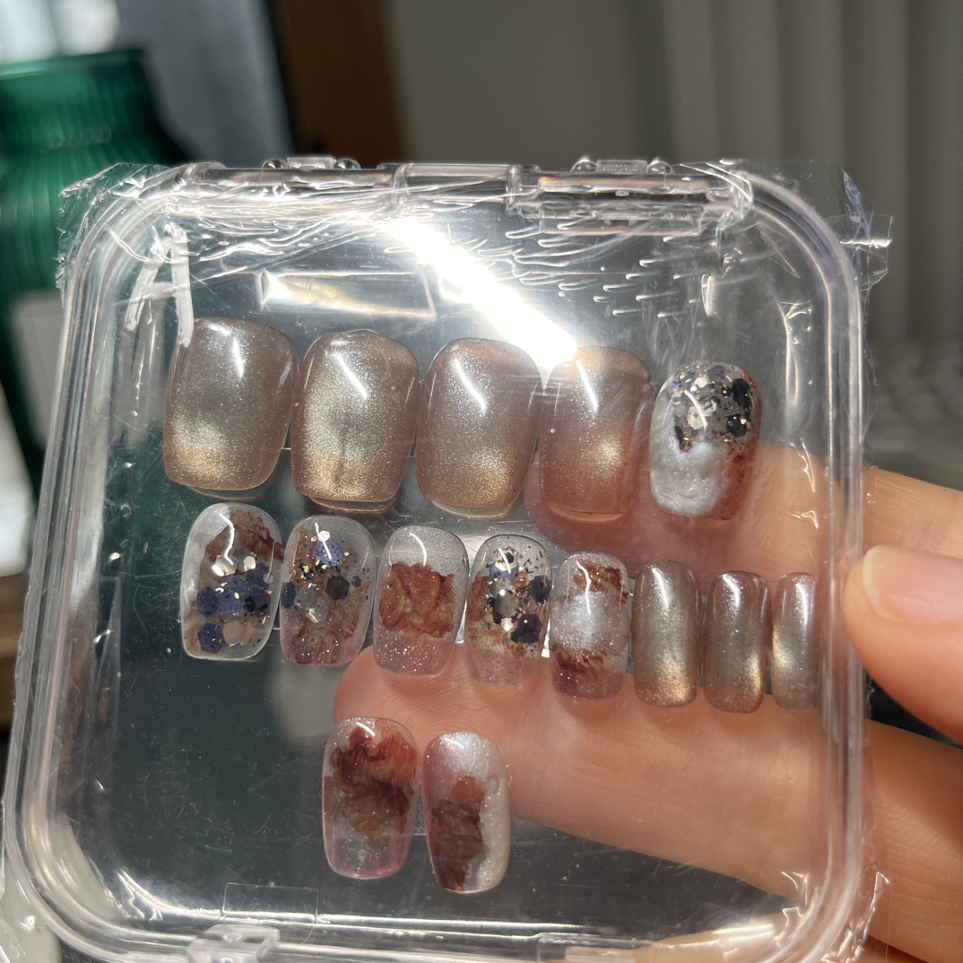 双11满赠套甲爆闪中长款美甲气质穿戴甲穿戴式秋冬冰透碎钻蓝色