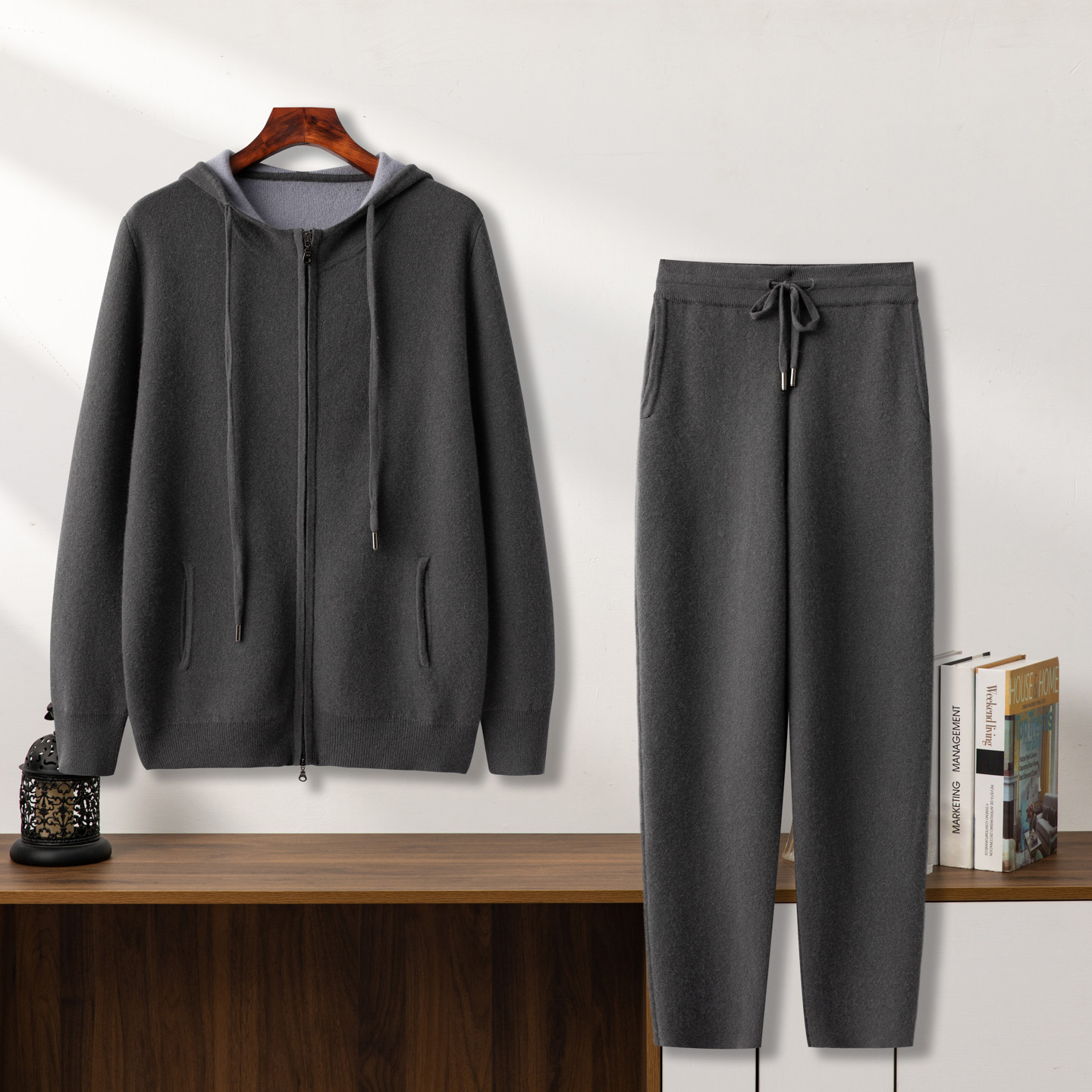 男士空气层加厚100%纯山羊绒套装秋冬休闲时尚连帽针织保暖两件套