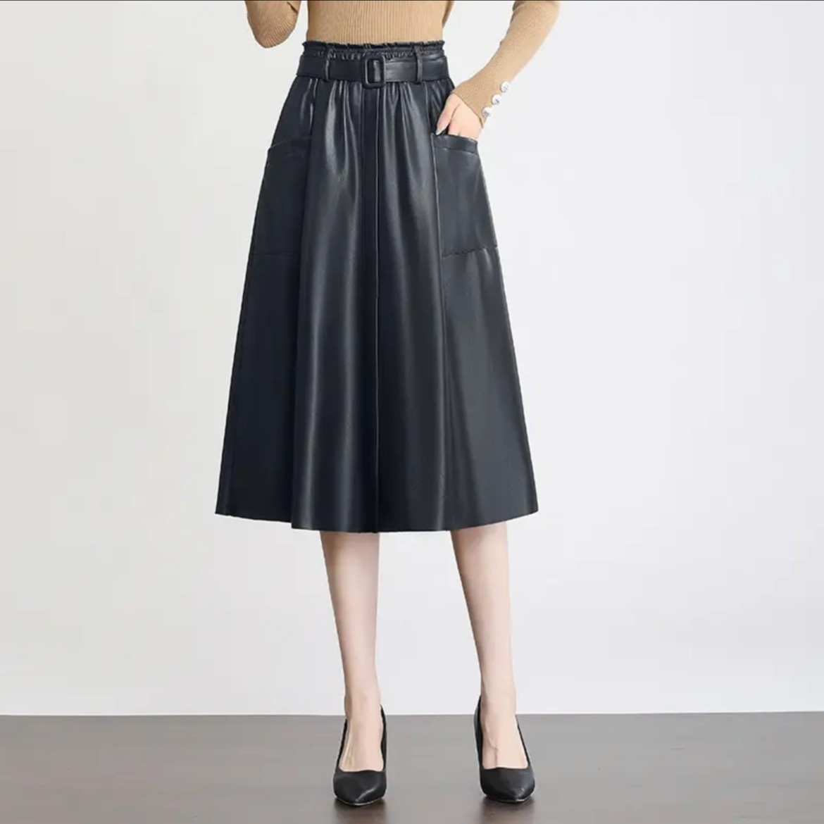 海宁真皮裙女百搭皮半身裙百褶A字大摆裙SJRL-2369