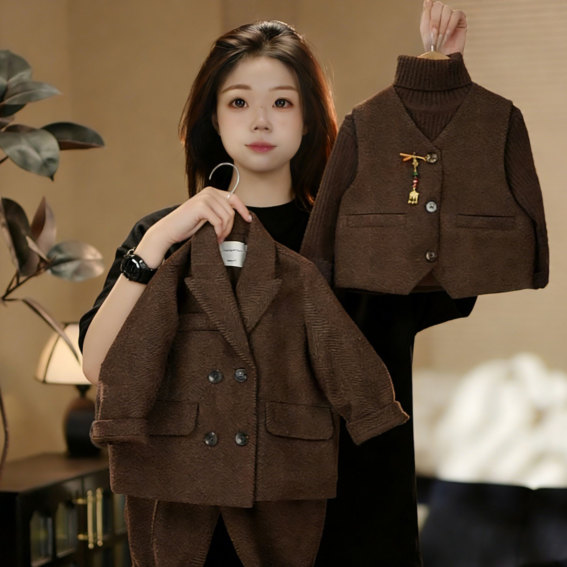 2025冬季新品萌娃穿搭加厚男女童棉服英伦西装套装25328