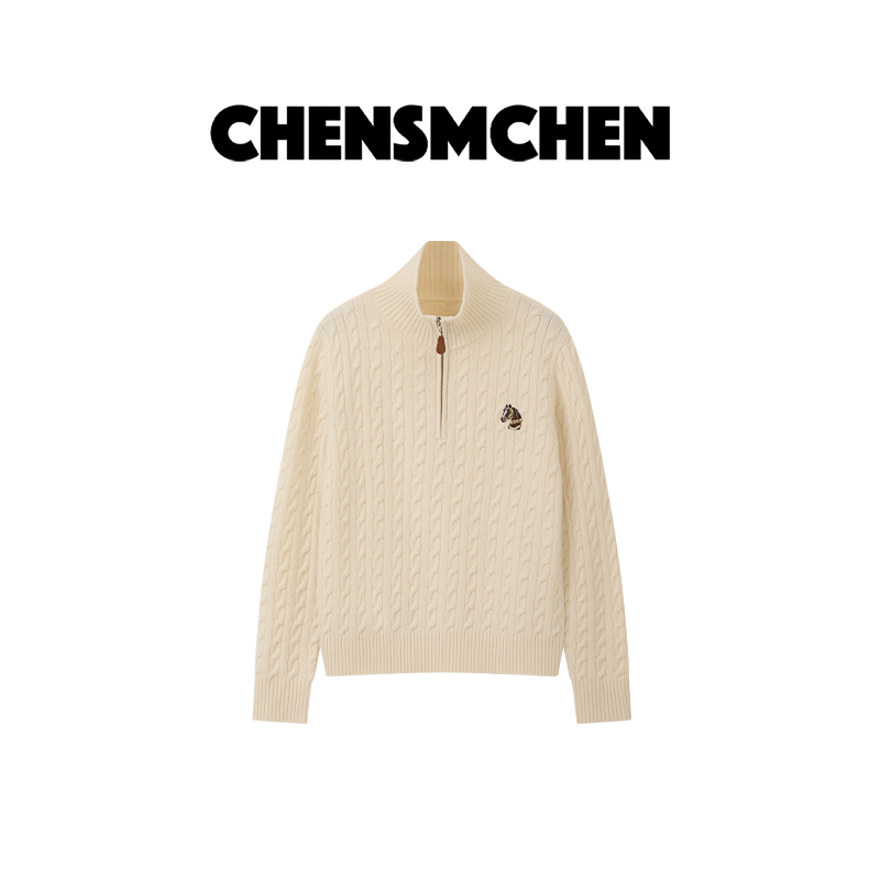 CHENSMCHEN 100绵羊毛立领绞花羊毛衫女百搭显瘦上衣CSM11629YW