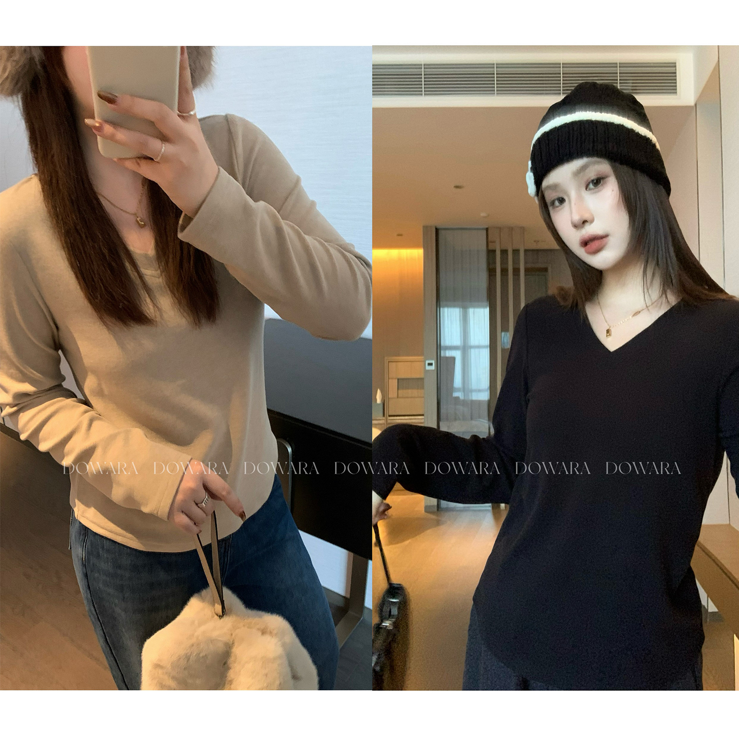 现货0384D大婉酱微胖定制【暖遇知音】韩系正肩V领显瘦上衣宽松内搭