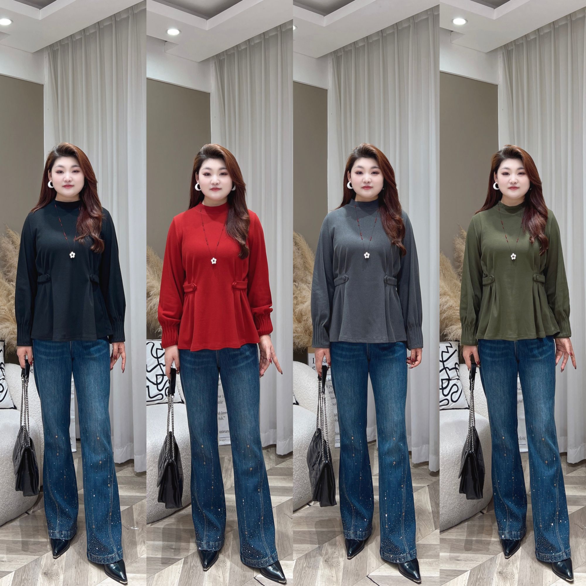 【上新】冬款上衣PDM22666新款气质百搭收腰捏褶大码女装上衣