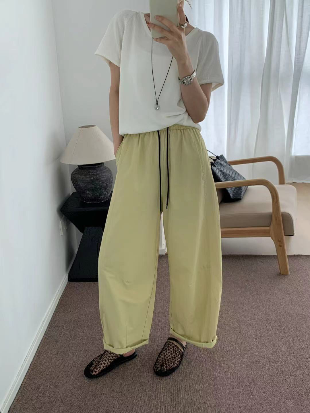 130款女裤2025夏款时尚百搭显瘦松紧腰宽松直筒九分休闲气球裤