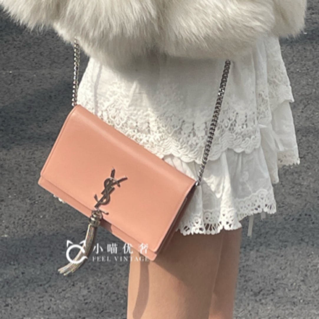95新 YSL/圣罗兰 粉色小号信封包kate流苏链条包单肩斜挎包 养护