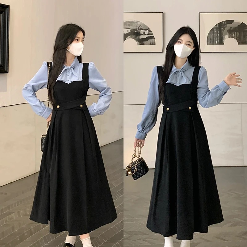 【洋洋】长袖休闲风拼接长裙连衣裙气质洋气收腰假两件秋季背带裙